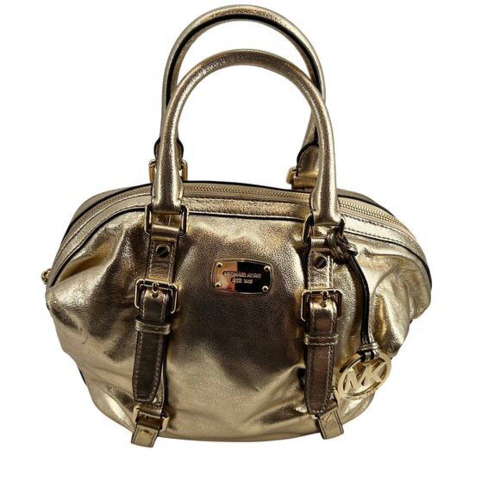 NEW Michael Kors bedford pale gold md leather satchel metallic crossbody handle